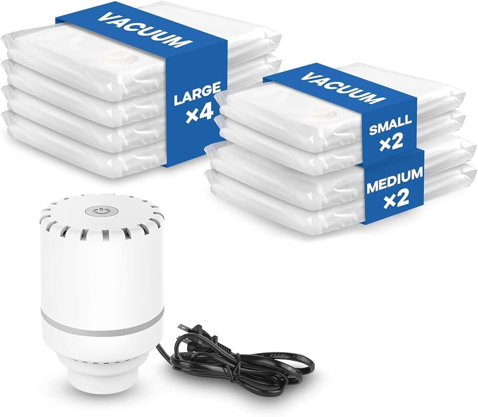Sacchetti Sottovuoto Vestiti con Pompa Elettrica, Confezione da 8 (4 grandi, 2 medi, 2 piccoli), Buste Sottovuoto Vestiti per Coperte, Piumino, Cuscini, Trapunte, Viaggi, Traslochi