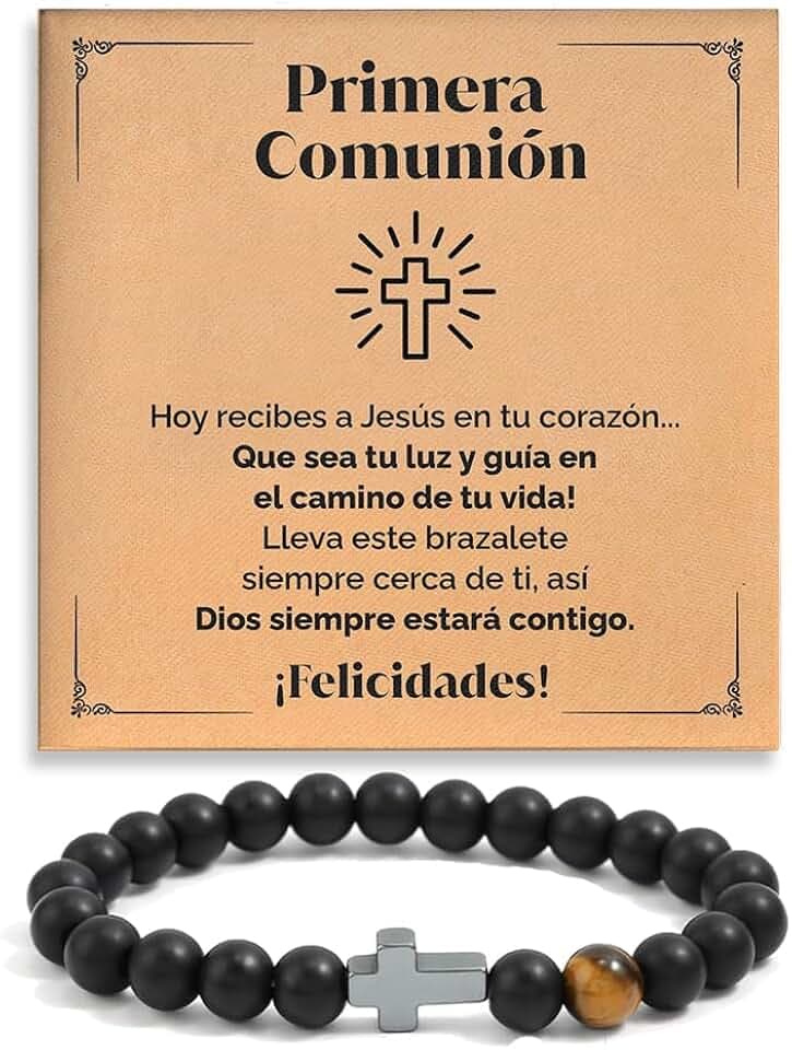 SOFIA FERRER Regalo di Comunione Bambini, Braccialetto Croce Comunione Bambino, Regali per un Bambino di Comunione, Bracciale Regolabile in Pietre Naturali con Dedicatoria, Prima Comunione