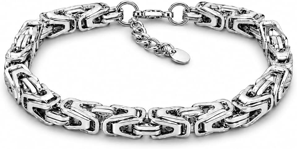 SAGA GIOIELLI Bracciale Uomo in Acciaio Inossidabile Lucido 7 mm, Catena Bizantina Elegante, Lunghezza Regolabile 19,5 + 5 cm, Bracciale Anallergico Resistente all’Acqua, Idea Regalo Uomo