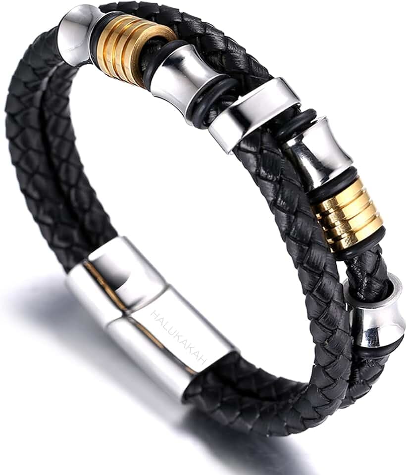HALUKAKAH Bambini ● Assolo Junior ● Bracciale Ragazzo Maschio in Vera Pelle Cuoio Nero 6-12 Anni Perle in Argento/Oro Titanio Acciaio Chiusura Magnetica 7-8"(18-19.5cm) con Pacco Regalo Gratuita