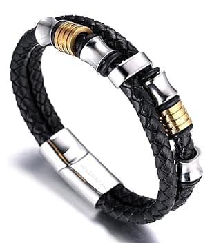 HALUKAKAH Bambini ● Assolo Junior ● Bracciale Ragazzo Maschio in Vera Pelle Cuoio Nero 6-12 Anni Perle in Argento/Oro Titanio Acciaio Chiusura Magnetica 7-8"(18-19.5cm) con Pacco Regalo Gratuita