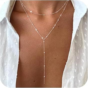 Generic Lariat, collana lunga da donna, in argento placcato oro, a forma di Y, collana con ciondolo a forma di Y, collana con perline a goccia, idea regalo