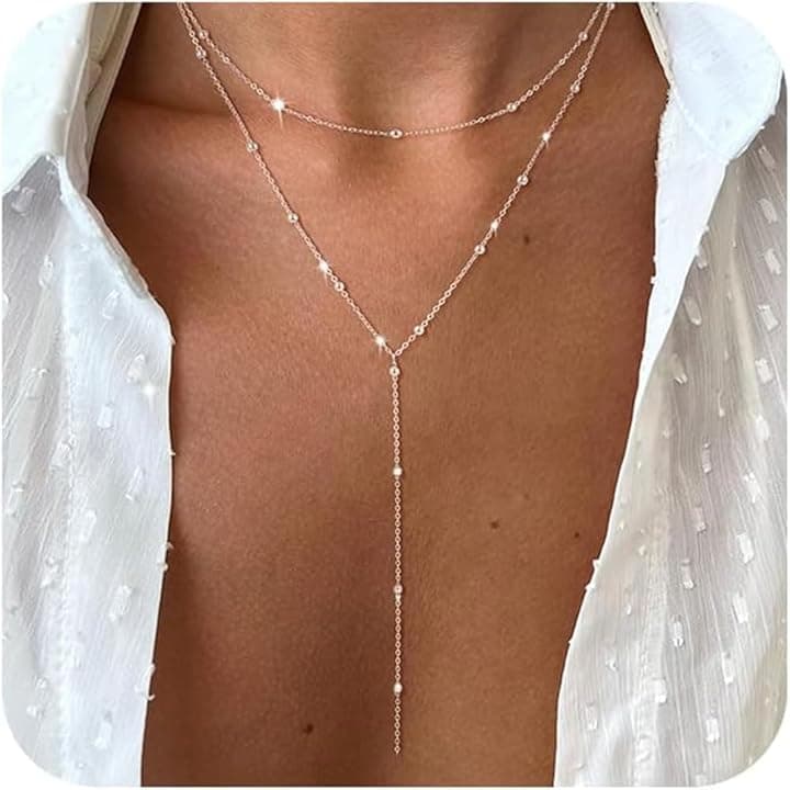 Generic Lariat, collana lunga da donna, in argento placcato oro, a forma di Y, collana con ciondolo a forma di Y, collana con perline a goccia, idea regalo