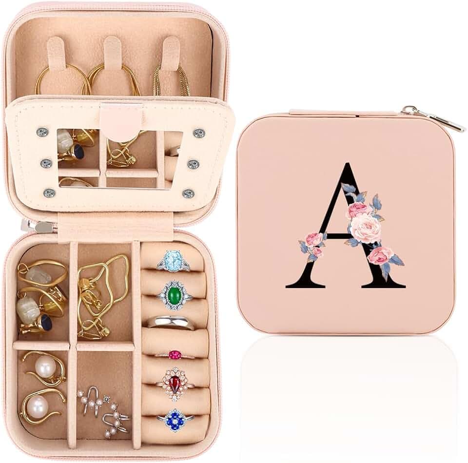 FIDWALL FIDWALL Portagioie da Viaggio Con Monogramma e Specchio - Regalo di Compleanno per Donne, Piccolo Porta Gioielli Donna (A)