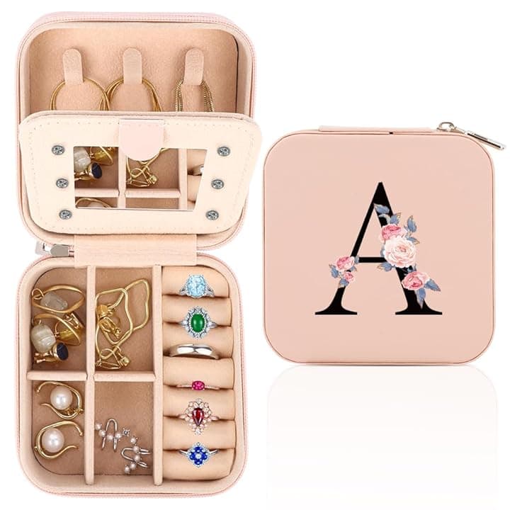 FIDWALL FIDWALL Portagioie da Viaggio Con Monogramma e Specchio - Regalo di Compleanno per Donne, Piccolo Porta Gioielli Donna (A)