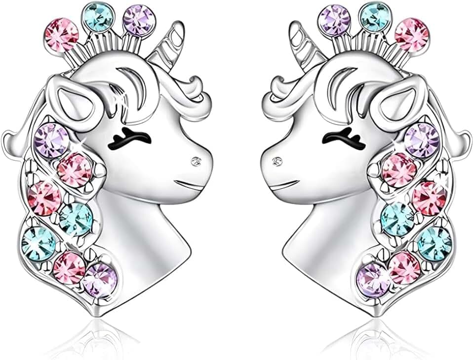 JRYXDS Orecchini Unicorno Bambina Argento Sterling, Con Simpatico Disegno Di Unicorno, Con Tanti Dettagli E Brillantini,Argento Regali Di Compleanno Per Ragazze Bambini Donne
