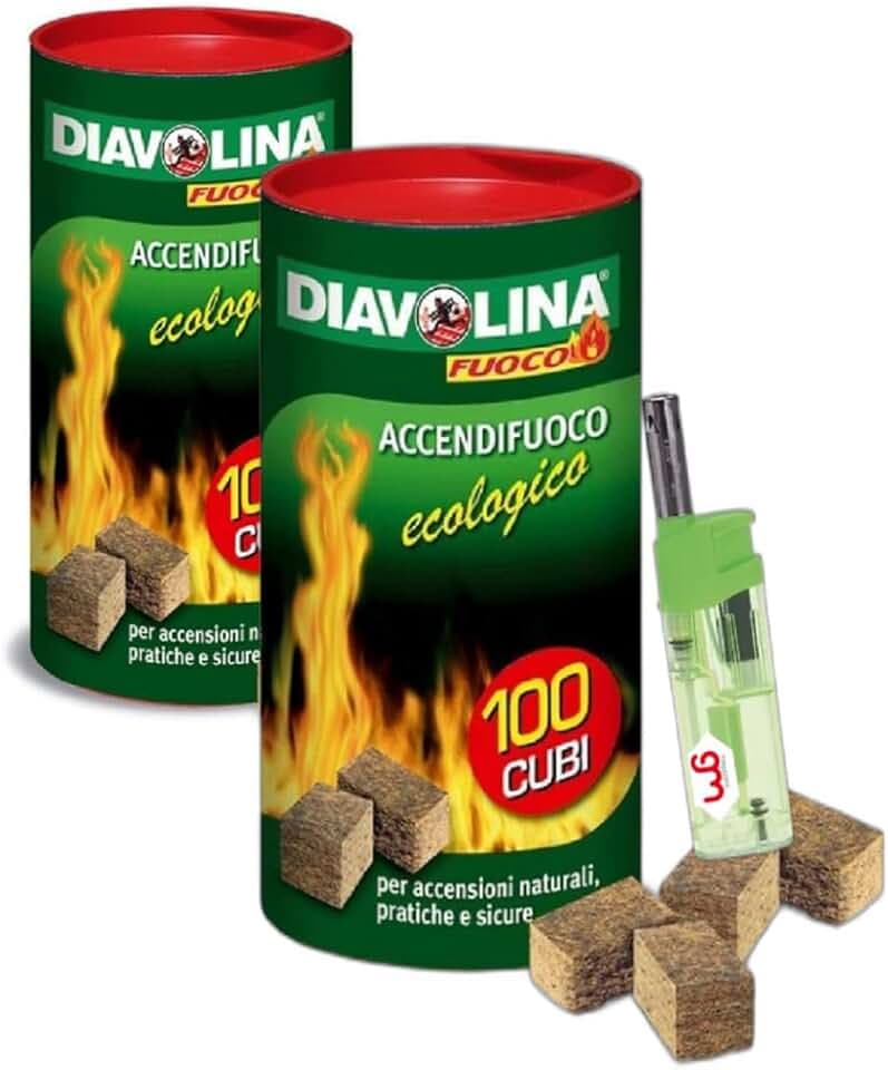 Diavolina Accendifuoco Ecologico 100pz, Accensione Istantanea Naturale Pratica Sicura per Camino, Stufa, Legna, Barbecue con Accendino GM (2 CF + accendino)