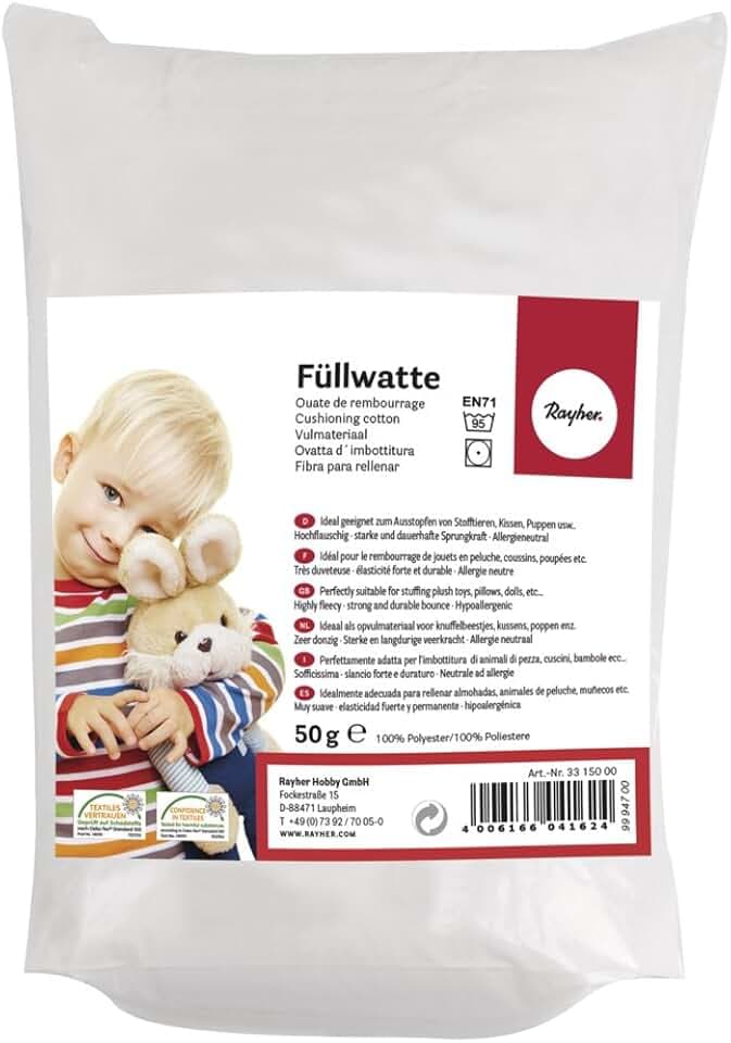 RAYHER HOBBY 3315200 Imbottitura Ovatta Soffice, Ovatta Fioccata, Riempimento Cuscini, Peluche, 100% Poliestere, Sacchetto da 300g