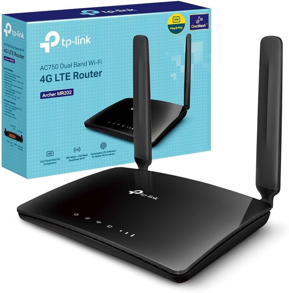 TP-Link Archer MR202 Router WiFi con SIM, Router 4G LTE WiFi Dual-Band AC750Mbps, 3 Porte LAN e 1 LAN/WAN, Plug & Play, 2 Antenne LTE Smontabili, QoS, Onemesh