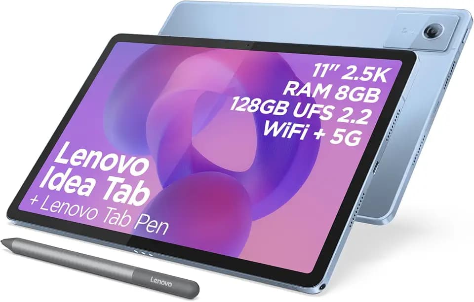 Lenovo Idea Tab Tablet - Display 11" 2.5K (2560x1600) 90Hz, Processore Mediatek Dimenity 6300, RAM 8GB, Memoria 128GB, 5G, WiFi 5, Tablet Android 15, Tab Pen inclusa - Polar Blue