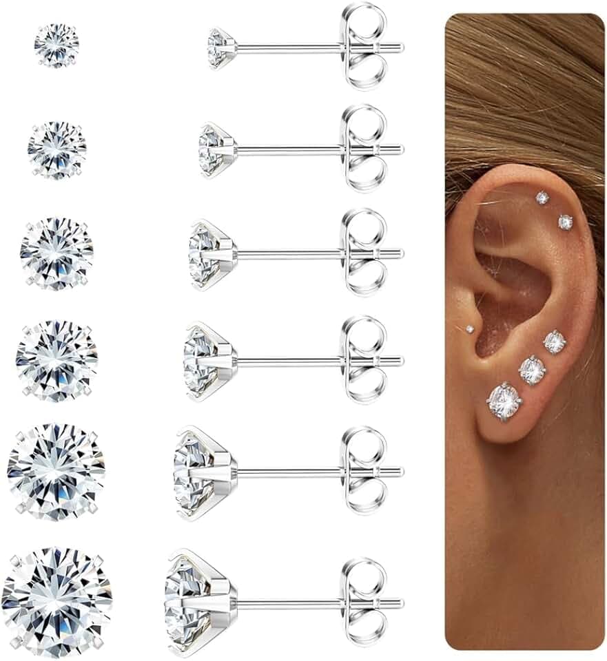 Diamday 6 Paia Orecchini per Donna Uomo Acciaio Chirurgico Piercing Orecchio Orecchini Anallergici Donna 5A Zircone Cubico Orecchini Argento Oro Helix Trago Cartilagine Orecchini Set Uomo