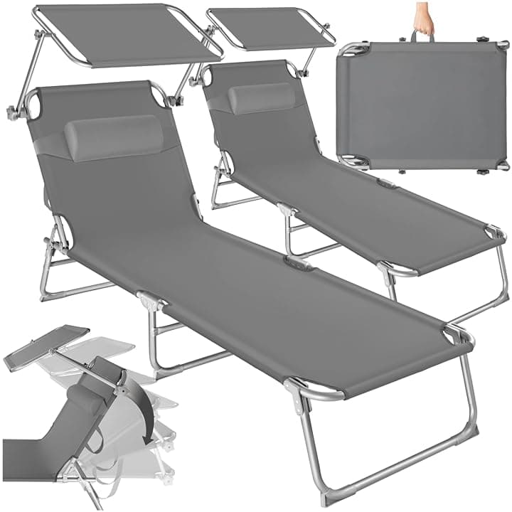 tectake® Set 2X Lettino Pieghevole, Lettini Prendisole Pieghevoli Sdraio con Parasole, Schienale Regolabile 4 Posizioni, Rivestimento Resistente, Giardino Spiaggia Lettini Prendisole Mare - Grigio