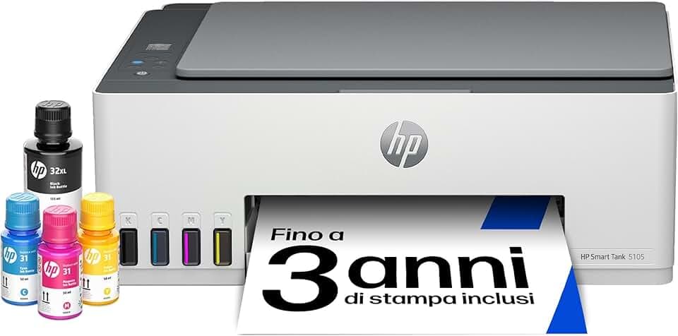 HP Smart Tank 5105 1F3Y3A, Stampante Multifunzione A4 con serbatoio di inchiostro ad alto volume di stampa, stampa fronte/retro manuale, scansione, copia, 22 ppm, USB, Wi-Fi, HP Smart, Bianca