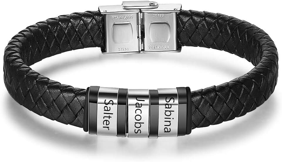 kaululu Bracciale Pelle Uomo Personalizzato in Argento con Famiglia Coppia Nomi Incisione Braccialetti Uomo con 1-6 Nomi per Padre Fidanzato Migliore Amico Personalizzati Bracciali