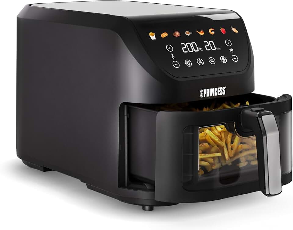 Princess SlimFry Airfryer, 8L Capacità, 2000W, 8 Programmi, Display Touchscreen Digitale, Temperatura Regolabile, Finestra di Controllo, Spegnimento Automatico, Cestello Lavabile, 182257