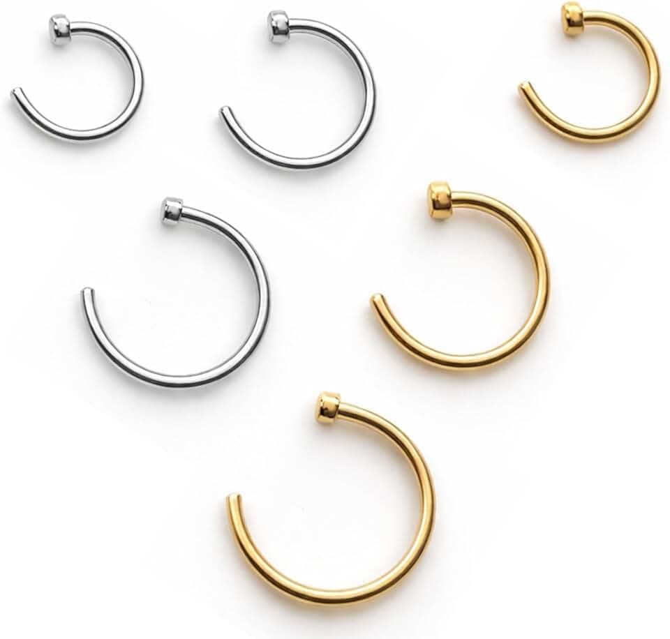Icyowls 6 PCS Finto piercing naso anello setto, anelli in titanio 20G a C 6/8/10 mm, sottili ipoallergenici per naso, labbro, cartilagine ed elice, per uomini e donne