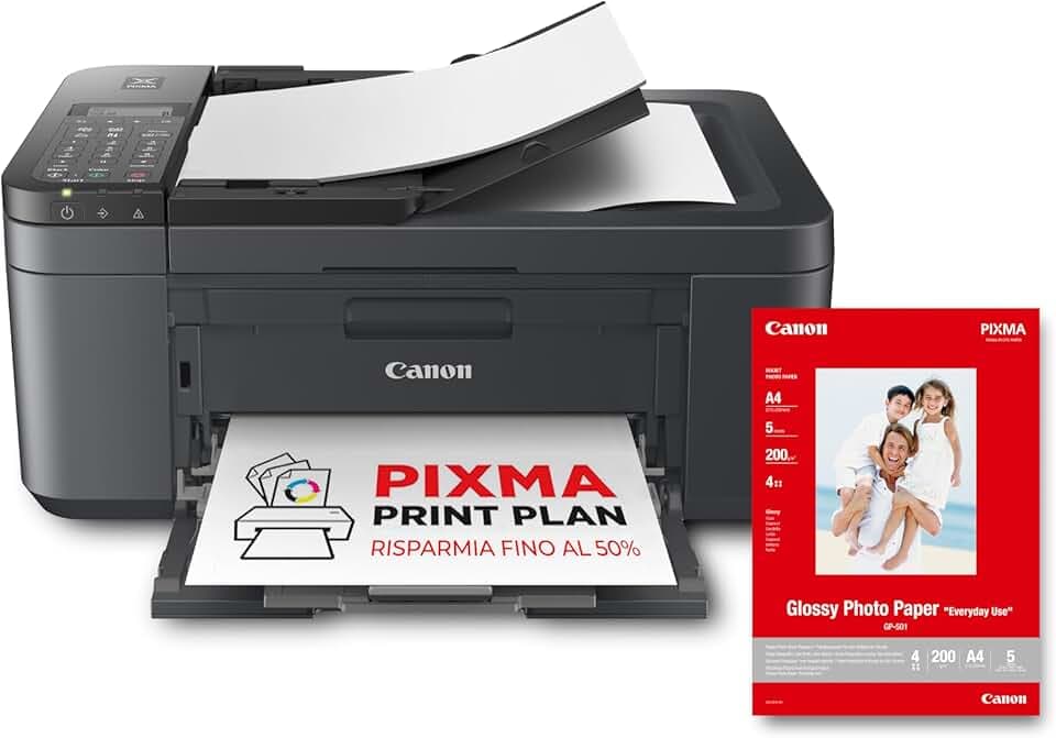 Canon PIXMA TR4755i stampante multifunzione wireless 4 in 1, Stampa, Scansione, Copia, Fax - Fronte/Retro, ADF 20 Fogli, PIXMA Print Plan, Nero - Include Carta Fotografica A4 GP-501, 5 Fogli