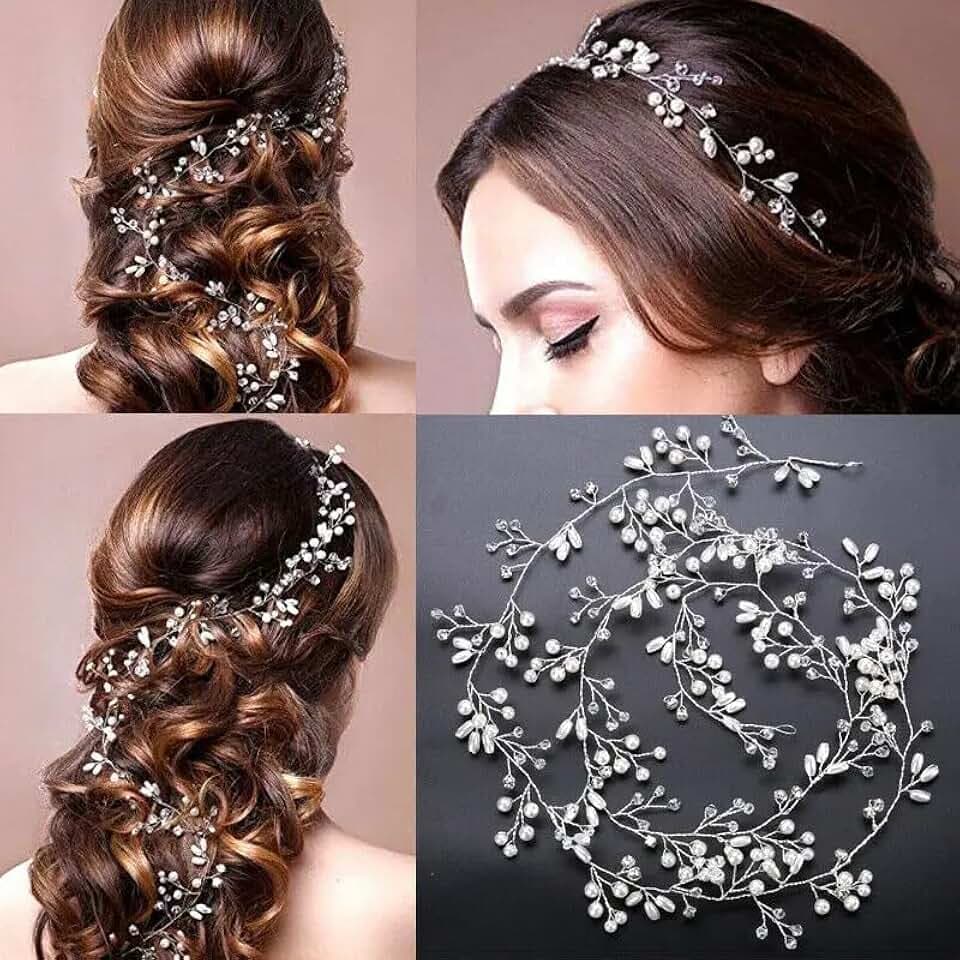 WOWOSS WOWOSS 50 cm Fascia Nuziale per Capelli con Perline e Strass, Accessori per Capelli da Sposa Fascia Argento Lavorati a Mano， Matrimonio, Decorazioni Nozze Accessori da Sposa