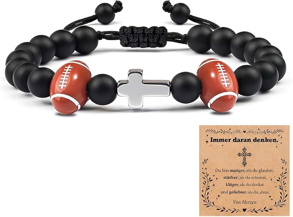 Luxorium Bracciale Croce Comunione Bambino Regalo con Perle Football Bracciale Regolabile in Pietra Naturale per Figlio Nipote Fratello per Cresima o Comunione