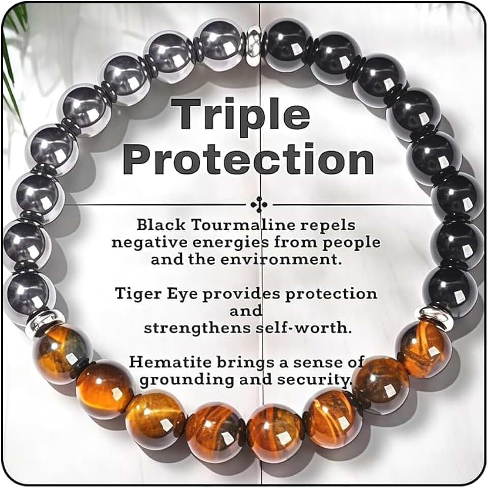 AstraGlam tripla protezione braccialetto con occhio di tigre, tormalina nera e ematite – Forza, Protezione & Equilibrio per uomo donna, regalo per festa della mamma, festa del papà, Natale,