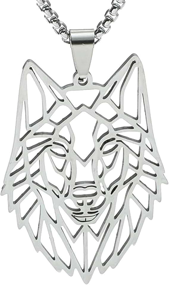 AORHOFJ Collana a forma di lupo con catena regolabile, in acciaio inox, ciondolo rotondo cavo, Acciaio inossidabile，collana back to school，