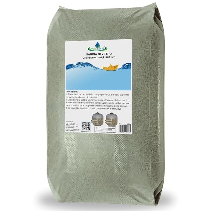 acquaverde | Sabbia di Vetro Filtrante - Sacco da 25 kg, Granulometria 0,4-0,8 mm, Vetro Attivo Compatibile con Pompa Filtro di Piscine Intex e Bestway