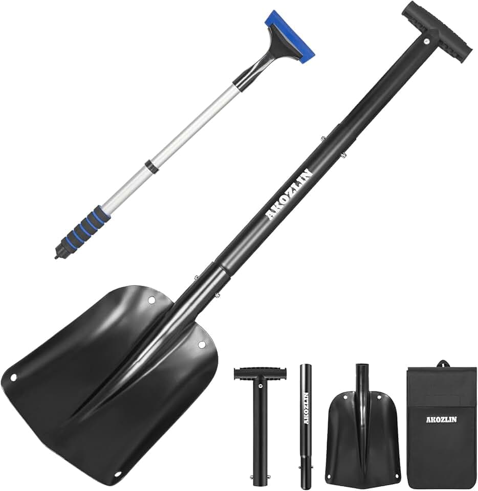 Pala da neve telescopica di emergenza con raschietto per ghiaccio e borsa per il trasporto, pieghevole in alluminio, 53,8 - 82 cm, pala di emergenza retrattile, leggera, per auto, motoslitta, giardino