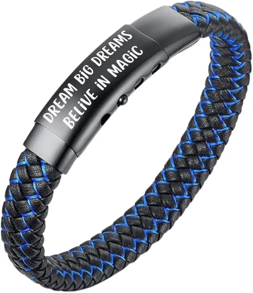 HALUKAKAH ● Jazz Junior ● Ragazzi Vera Pelle Treccia Fatta a Mano Nero mix Blu/Rosso/Verde Bracciale 6-12 Anni. Titanio Smerigliata Chiusura Magnetica Taglia Regolabile 18-19.5cm con Pacco Regalo