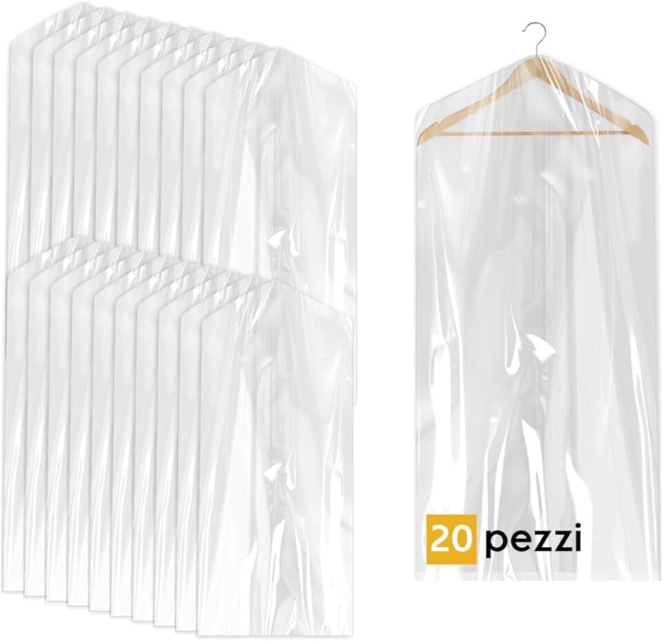 20 Custodie per Abiti 60x120cm Trasparenti - Sacchetti Vestiti Armadio Antipolvere per Tintorie, Giacche e Camicie