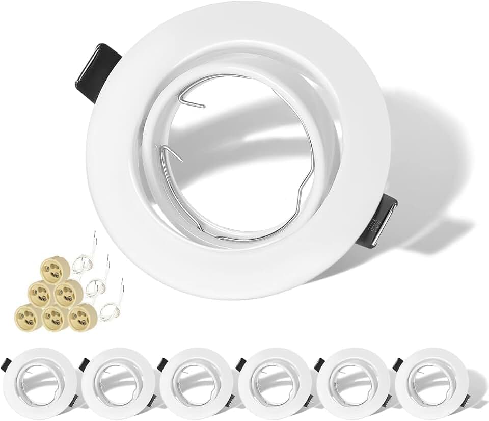Set di 6 Faretti LED da Incasso per Cartongesso, Rotondi Bianchi Orientabili a 30° con Portalampada GU10, Compatibili con Lampadine LED e Alogene da 50mm, Cornice Portafaretto per Soffitto