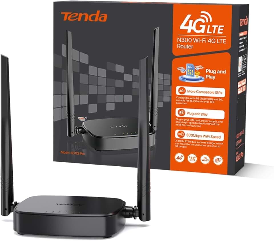 Tenda 4G03 Pro 4G LTE Cat4 Wireless N300Mbps Router, WiFi Router with SIM, Charging with Power Bank, Two External Antennas, LAN/WAN Port, 4G SIM Modems, No Configuration, Plug & Play