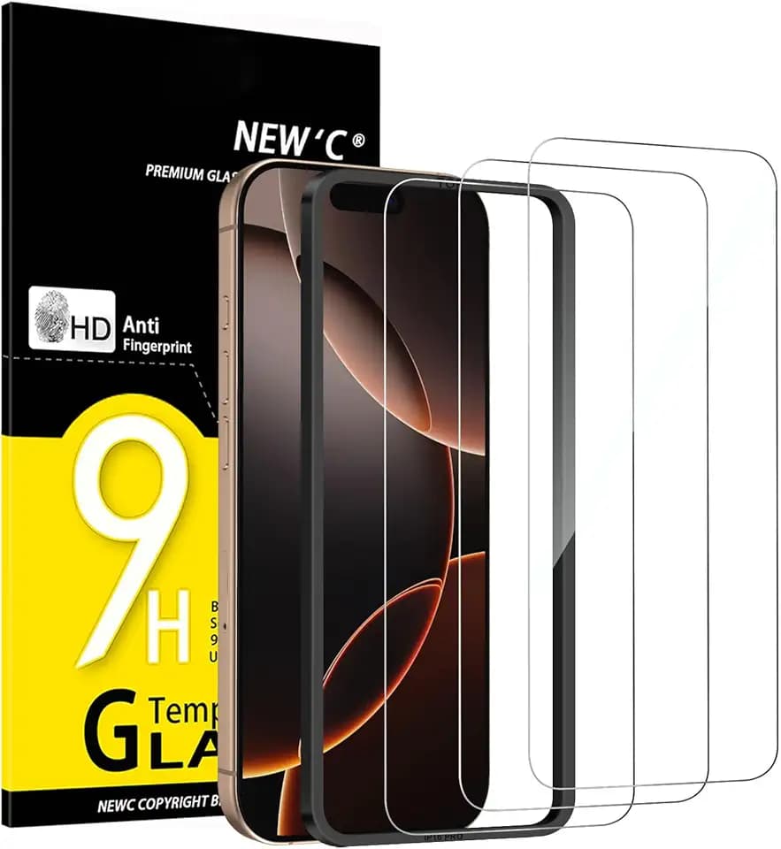 NEW'C 3 Pezzi, Vetro Temperato per iPhone 17, 17 Pro, iPhone 16 Pro (6,3 pollici), Pellicola Prottetiva Anti Graffio - Ultra resistente - Trasparente HD - Strumento di installazione facile incluso Global Recycled Standard