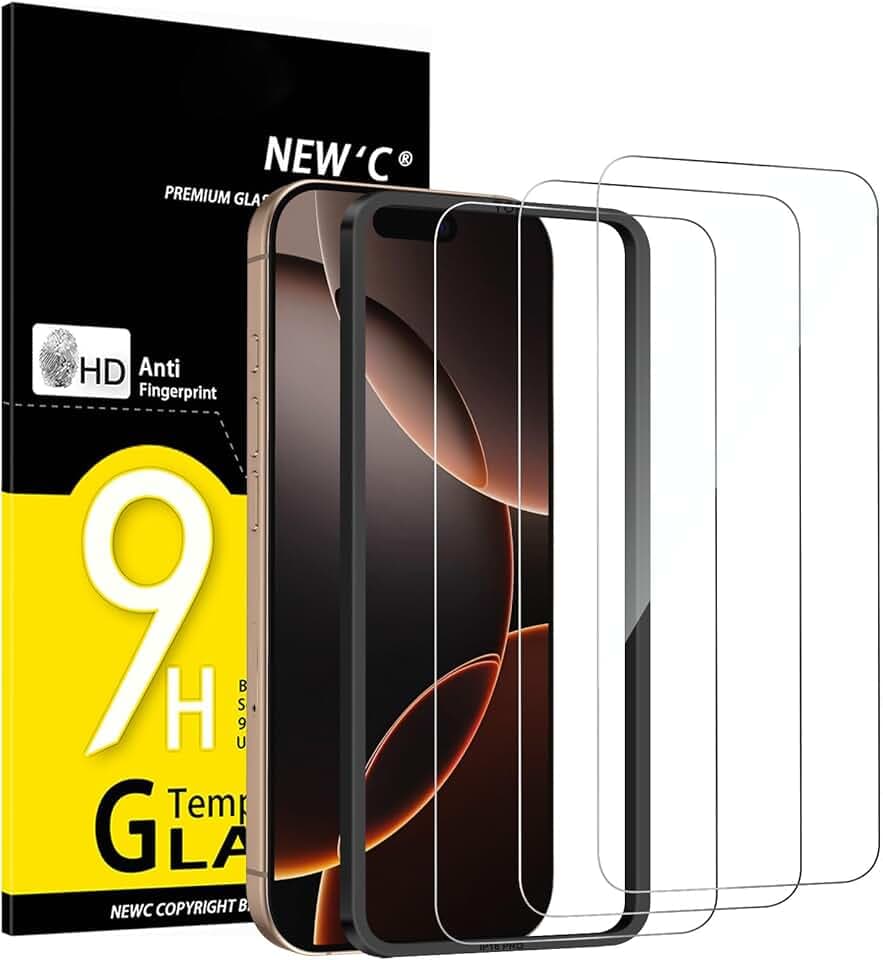 NEW'C 3 Pezzi, Vetro Temperato per iPhone 17, 17 Pro, iPhone 16 Pro (6,3 pollici), Pellicola Prottetiva Anti Graffio - Ultra resistente - Trasparente HD - Strumento di installazione facile incluso Global Recycled Standard