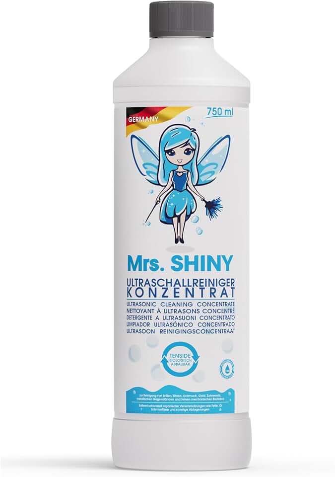 Mrs. SHINY Mrs. SHINY - Detergente a ultrasuoni concentrato per occhiali, gioielli, dentiere e altro ancora - Per tutti i dispositivi di pulizia a ultrasuoni - Lavaggio ultrasuoni - 750 ml Compact by Design (certificazione sviluppata da Amazon)