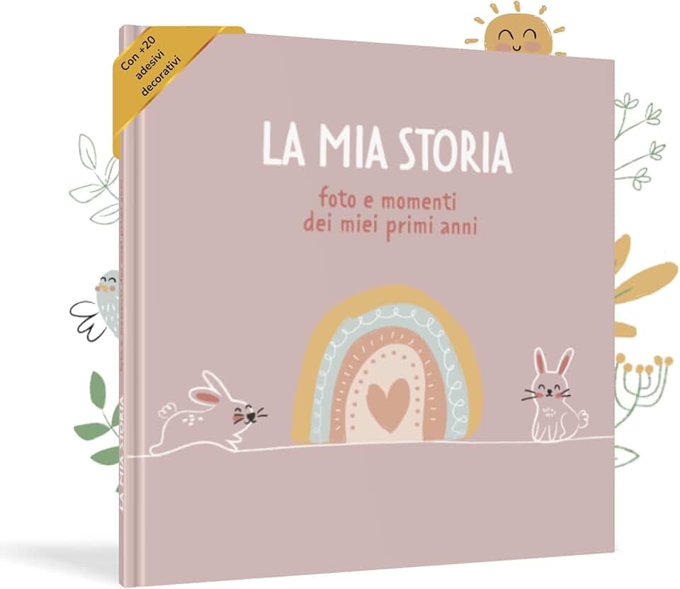 HuBorns - Album Nascita Bambina e Bambino per Incollare Foto e Scritte con +50 Pagine e Adesivi, Album Fotografico Neonato per il Primo Anno fino a 5 Anni, Ideale per Regalo Nascita