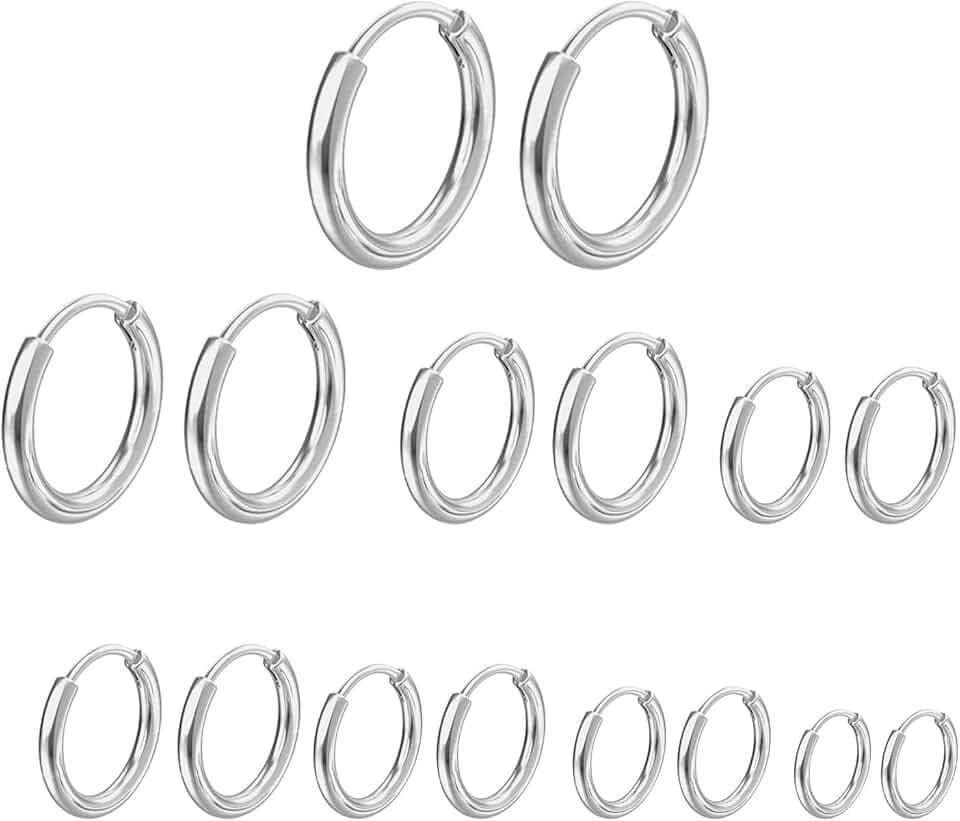 NHDDGR 8 Paia di Orecchini in Acciaio Inossidabile per Uomini e Donne, Piccoli Cerchi Chirurgici Ipoallergenici e Leggeri, Argento 6-20mm