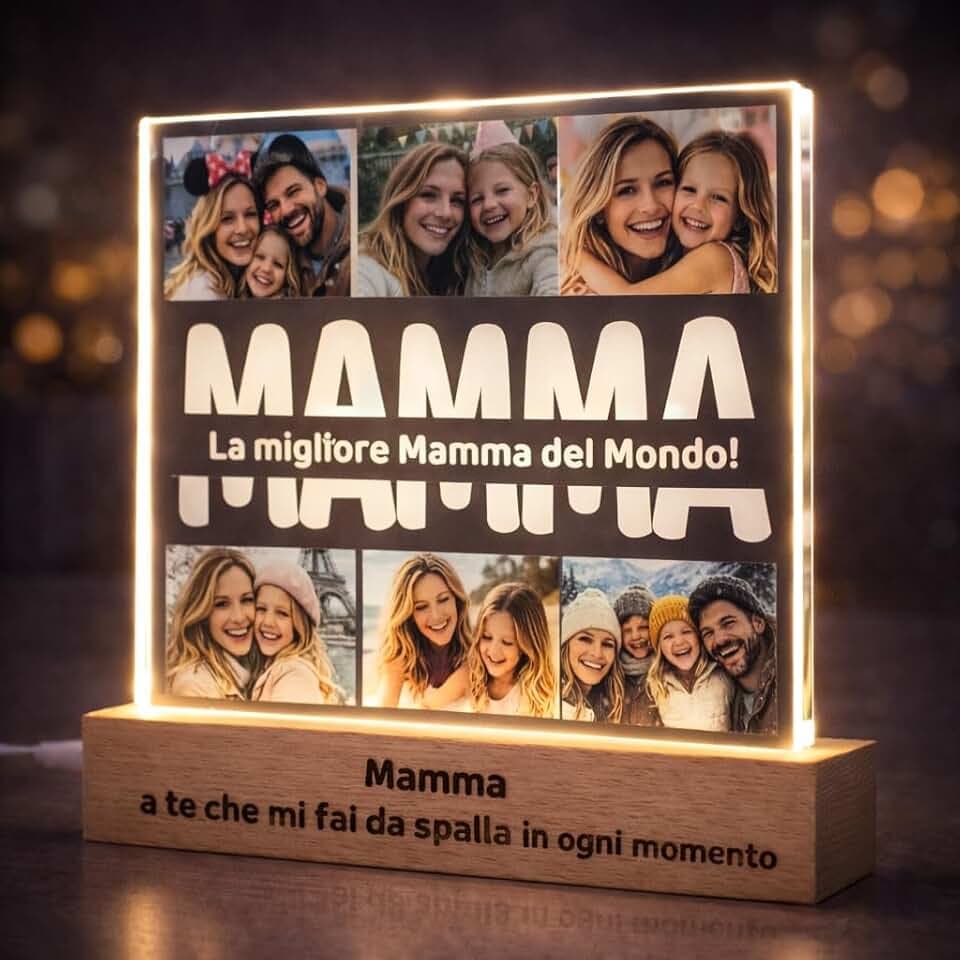 SBUGATTA Regalo Festa della Mamma – Lampada Mamma Personalizzata con Foto e Dedica – Idea Regalo Mamma Originale per Natale e Compleanno – LED in Plexiglass con Base in Legno