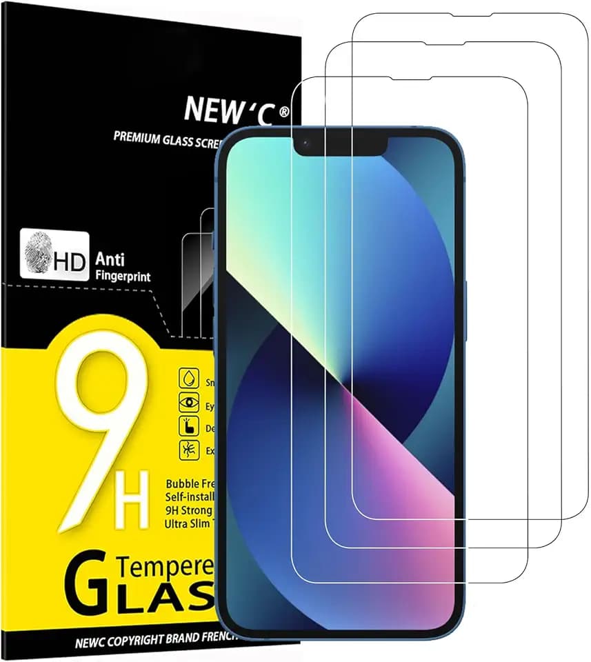NEW'C 3 Pezzi, Vetro Temperato per iPhone 14, iPhone 13, iPhone 13 Pro (6,1 Pollici), Pellicola Prottetiva Anti Graffio, Anti-Impronte,Durezza 9H, 0,33mm Ultra Trasparente, Ultra Resistente Global Recycled Standard
