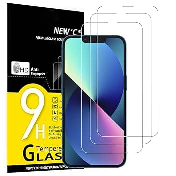 NEW'C 3 Pezzi, Vetro Temperato per iPhone 14, iPhone 13, iPhone 13 Pro (6,1 Pollici), Pellicola Prottetiva Anti Graffio, Anti-Impronte,Durezza 9H, 0,33mm Ultra Trasparente, Ultra Resistente Global Recycled Standard
