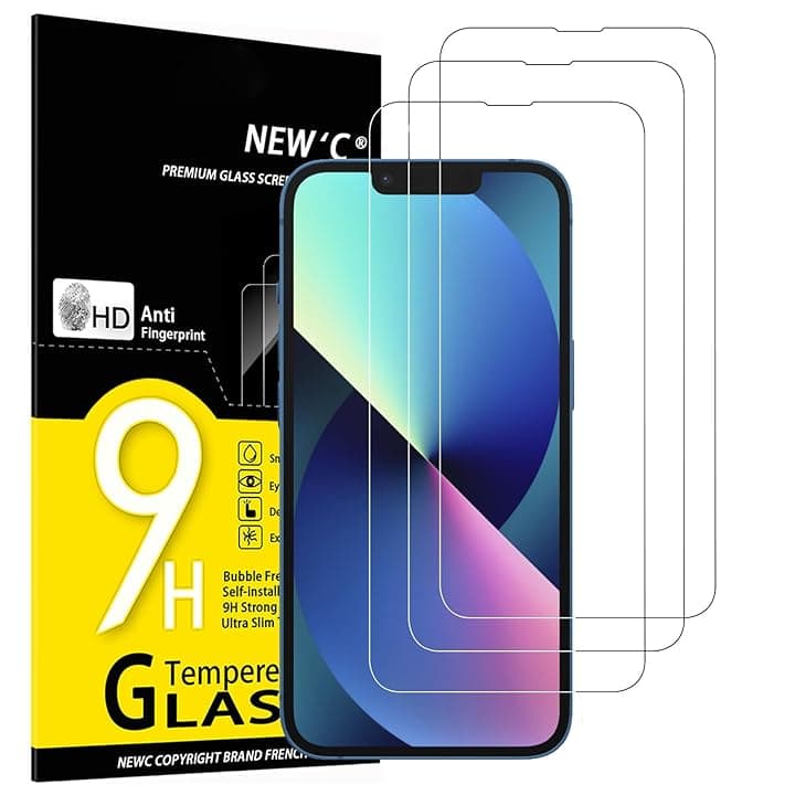 NEW'C 3 Pezzi, Vetro Temperato per iPhone 14, iPhone 13, iPhone 13 Pro (6,1 Pollici), Pellicola Prottetiva Anti Graffio, Anti-Impronte,Durezza 9H, 0,33mm Ultra Trasparente, Ultra Resistente Global Recycled Standard