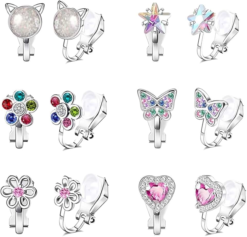 HMCEY 6 Paia Orecchini a Clip Bambini,Principessa Orecchini Senza Buco Colorati,Finti Orecchinis Anallergici,Clip On Earrings,Gioielli Orecchinis Clips Ragazza,Orecchinies Cuori Fiori Farfalle
