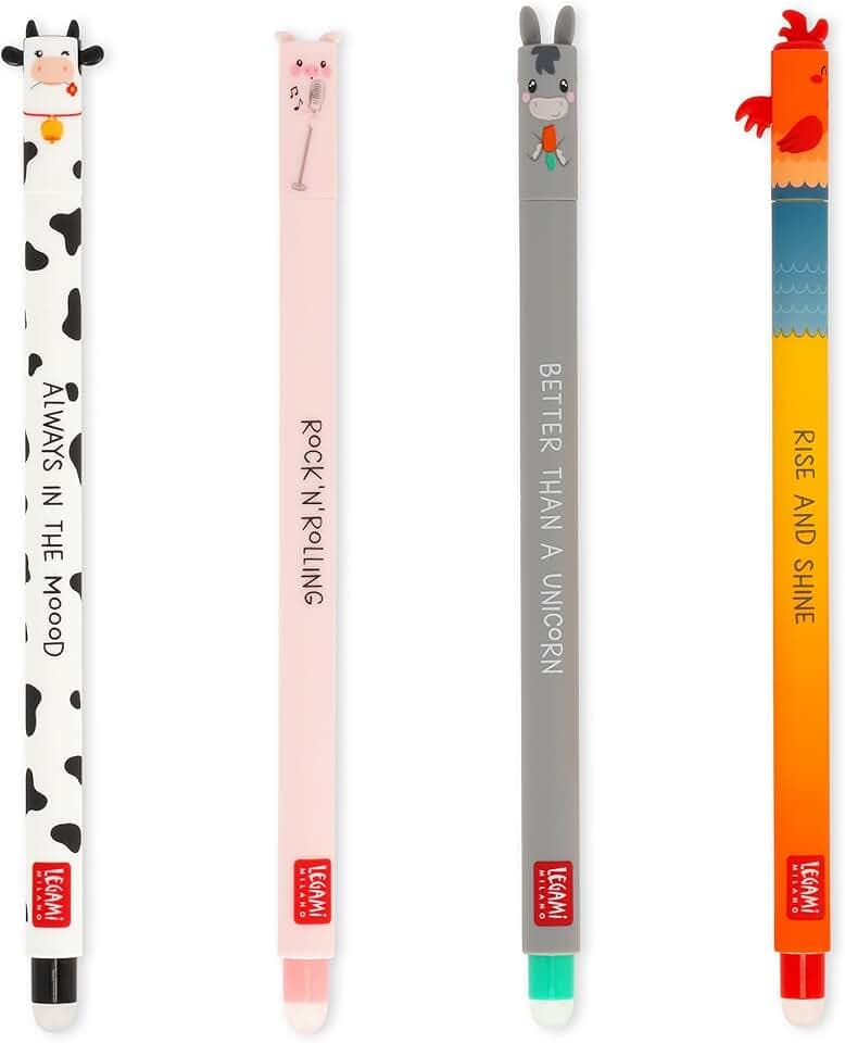 Legami - Set di 4 Penne Gel Cancellabili Farm Sweet Farm, Penne con Inchiostro Cancellabile Termosensibile, Nero, Rosa, Verde, Rosso, Cancella Senza Consumare il Foglio, Punta 0,7 mm