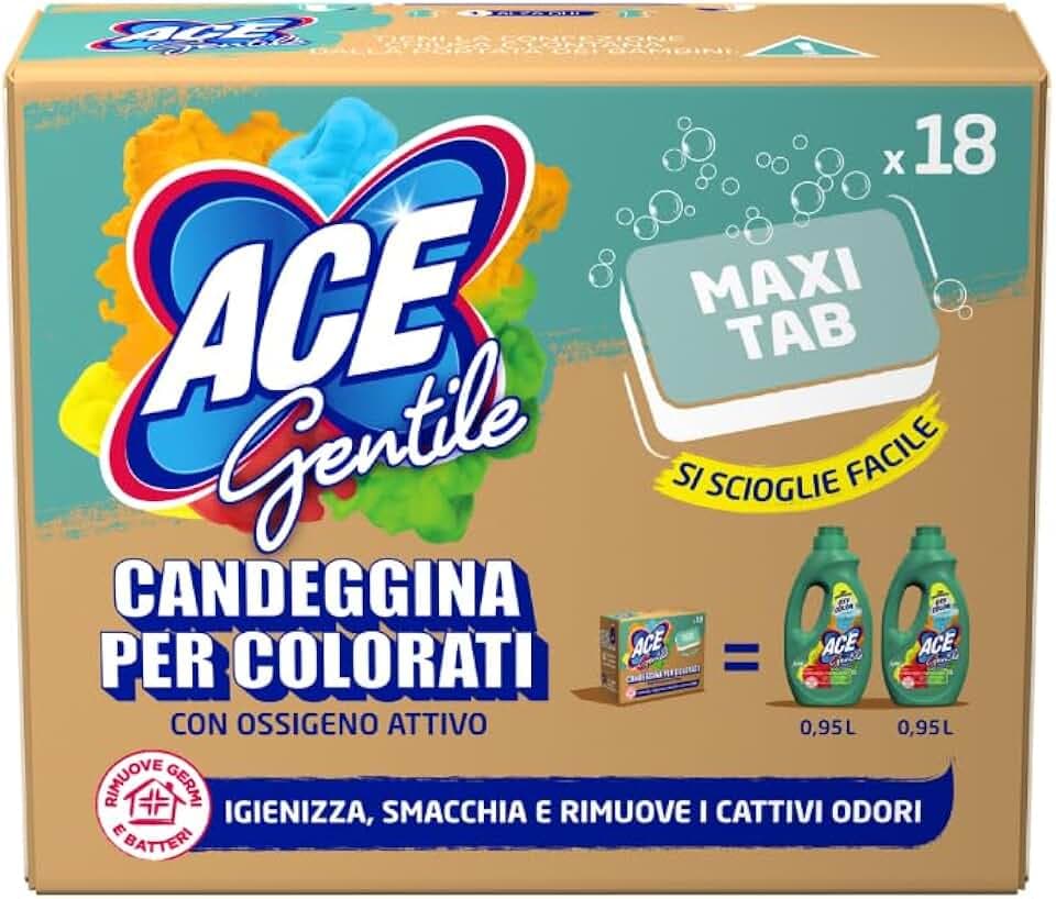 ACE Gentile Maxi Tabs – 18 Tabs idrosolubili monodose di candeggina delicata per lavatrice. Smacchia e igienizza, adatta a capi colorati, zero sprechi zero schizzi, con ossigeno attivo