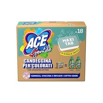 ACE Gentile Maxi Tabs – 18 Tabs idrosolubili monodose di candeggina delicata per lavatrice. Smacchia e igienizza, adatta a capi colorati, zero sprechi zero schizzi, con ossigeno attivo