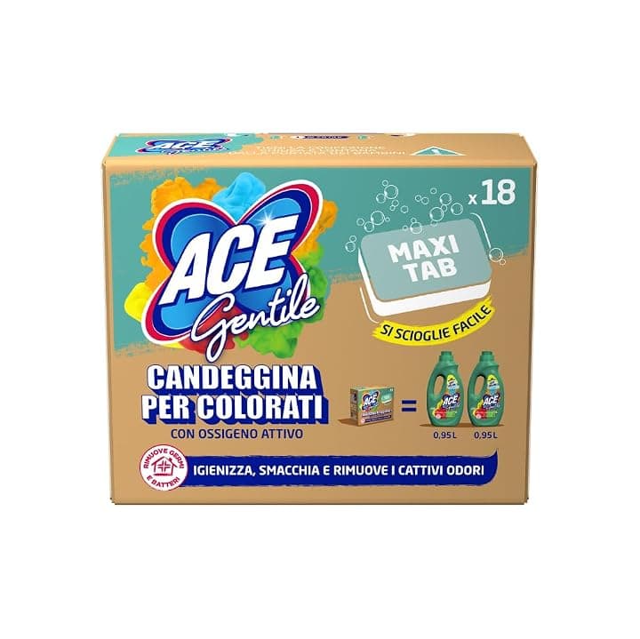 ACE Gentile Maxi Tabs – 18 Tabs idrosolubili monodose di candeggina delicata per lavatrice. Smacchia e igienizza, adatta a capi colorati, zero sprechi zero schizzi, con ossigeno attivo