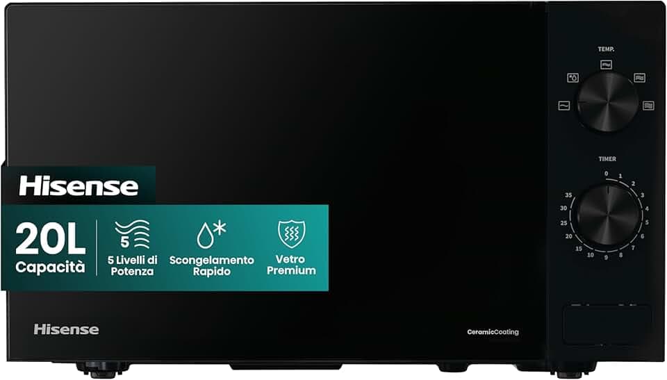 Hisense H20MOBP1 Forno a Microonde, Nero con Manopole, Capacità 20 litri, 5 Livelli di Potenza, Vetro Ceramica, Funzioni Timer e Defrost Rapido