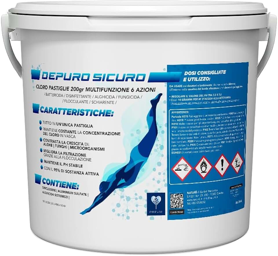 Naturii - Cloro Multifunzione 6 in 1 da 5kg, Pastiglie 200g, Battericida, Disinfettante, Alghicida, Fungicida, Flocculante, Stabilizzatore Ph, Bianco/Azzurro, Pastiglie
