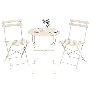 SONGMICS Set da Giardino da Esterno, 3 Pezzi, 2 Sedie, 1 Tavolo, Pieghevole, Salottino da Esterno, Acciaio, Resistente alle Intemperie, per Balcone, Terrazza, Beige Cappuccino GGF036LZ01