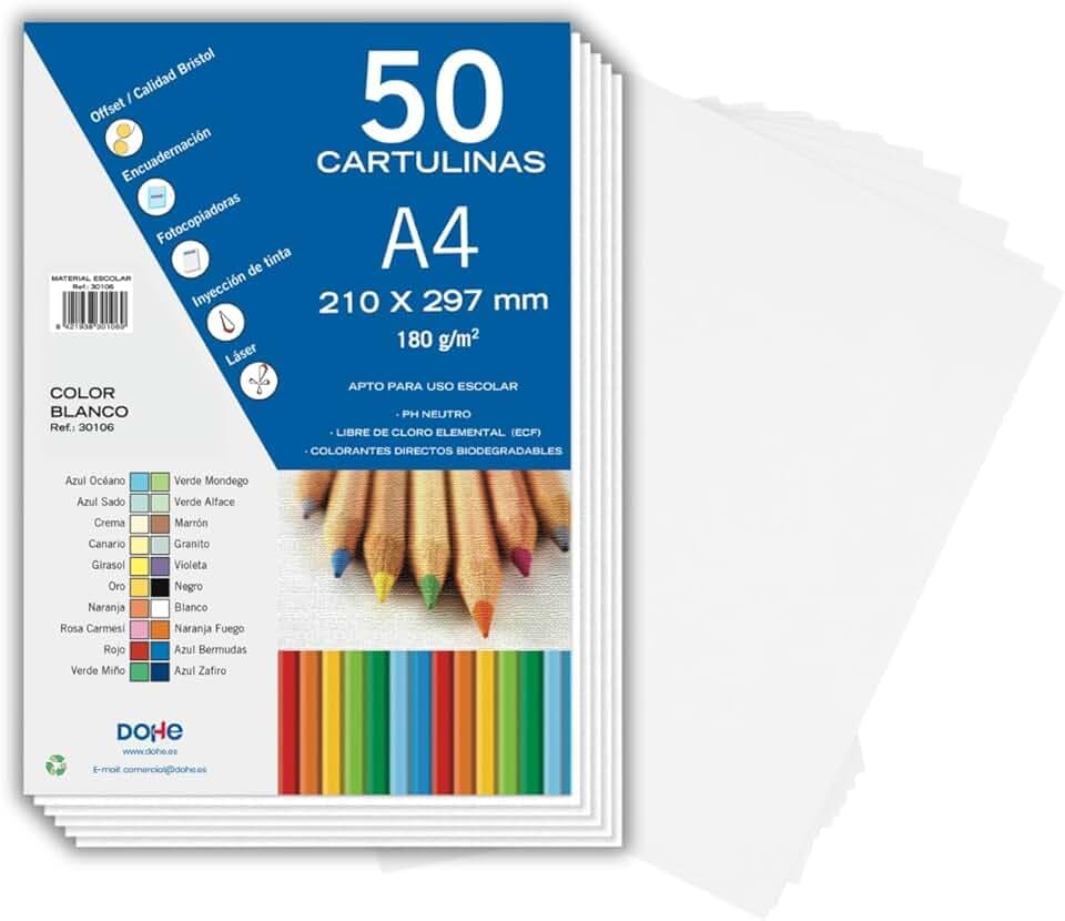 Dohe - Cartoncini Bianchi A4 (50 pz) - Formato 21x29,7 cm, Spessore 180 g/m², per Lavoretti Creativi, Stampa e Materiale Scolastico