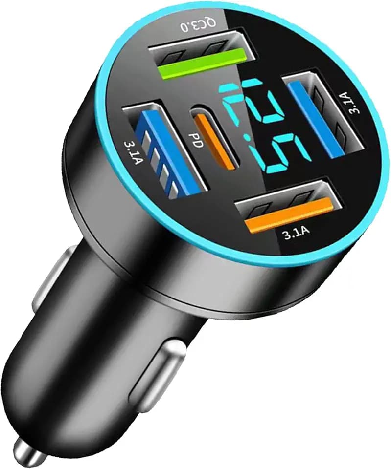 5-Porte Caricabatterie Auto, 66W Caricatore Auto USB C PD30W+QC3.0+3.1A, Adattatore Accendisigari USB con Voltmetro LED, per iPhone 15 14 13 Pro Max Samsung Android Tablet, ecc